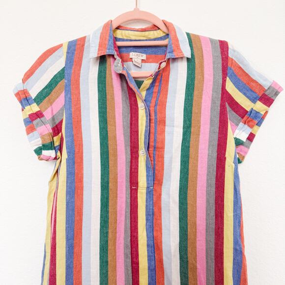 J. Crew Rainbow Stripe Linen Blend Short Sleeve Shirt Mini Dress Size Small - Picture 2 of 5